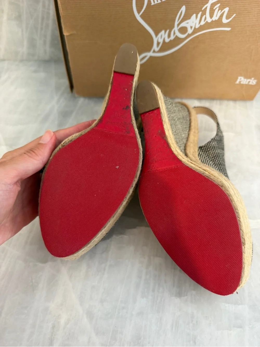 Christian Louboutin Black and Natural Espadrille Wedge Slingback